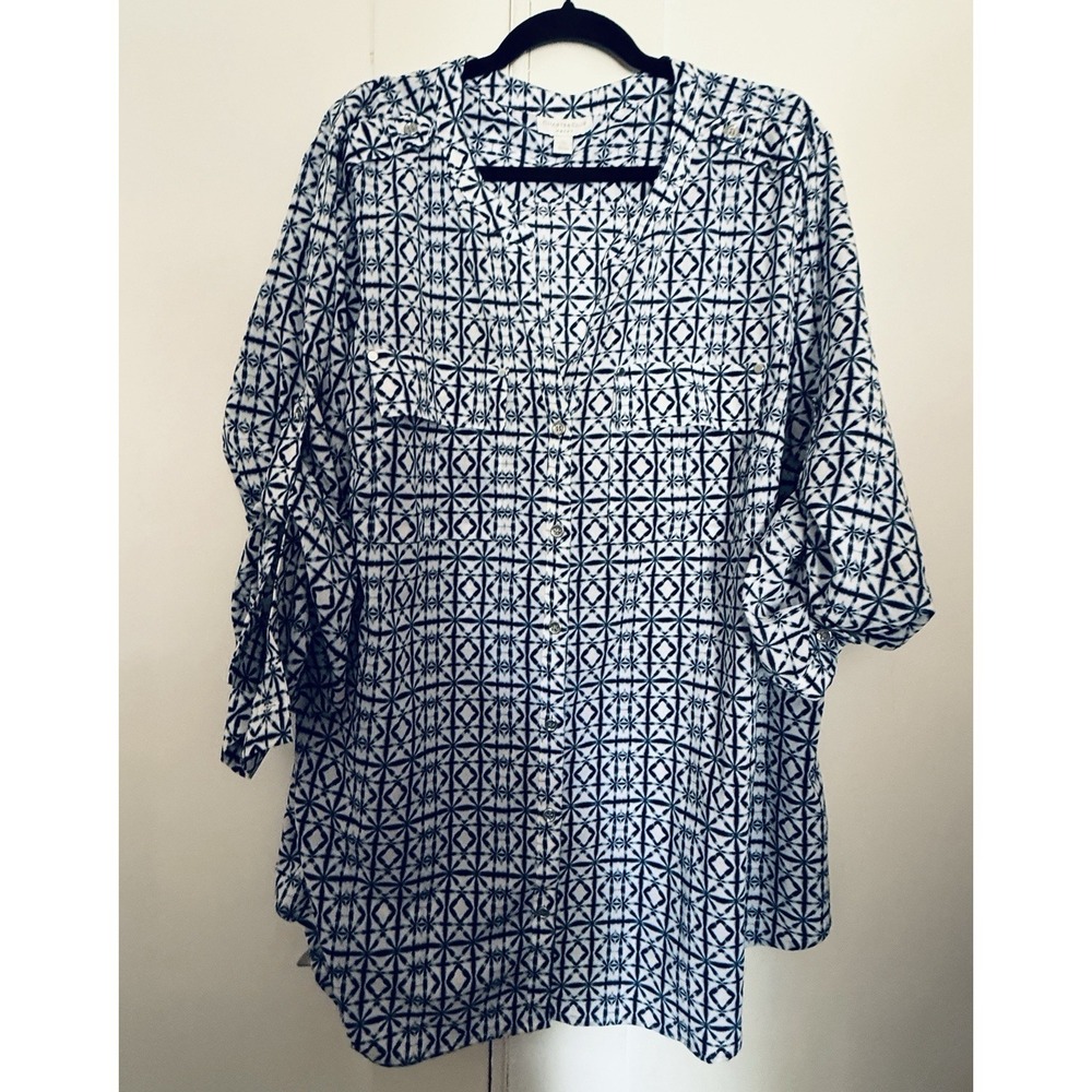 Charter Club Woman 3X Blue White Geometric Button Front Roll Tab Tunic Blouse